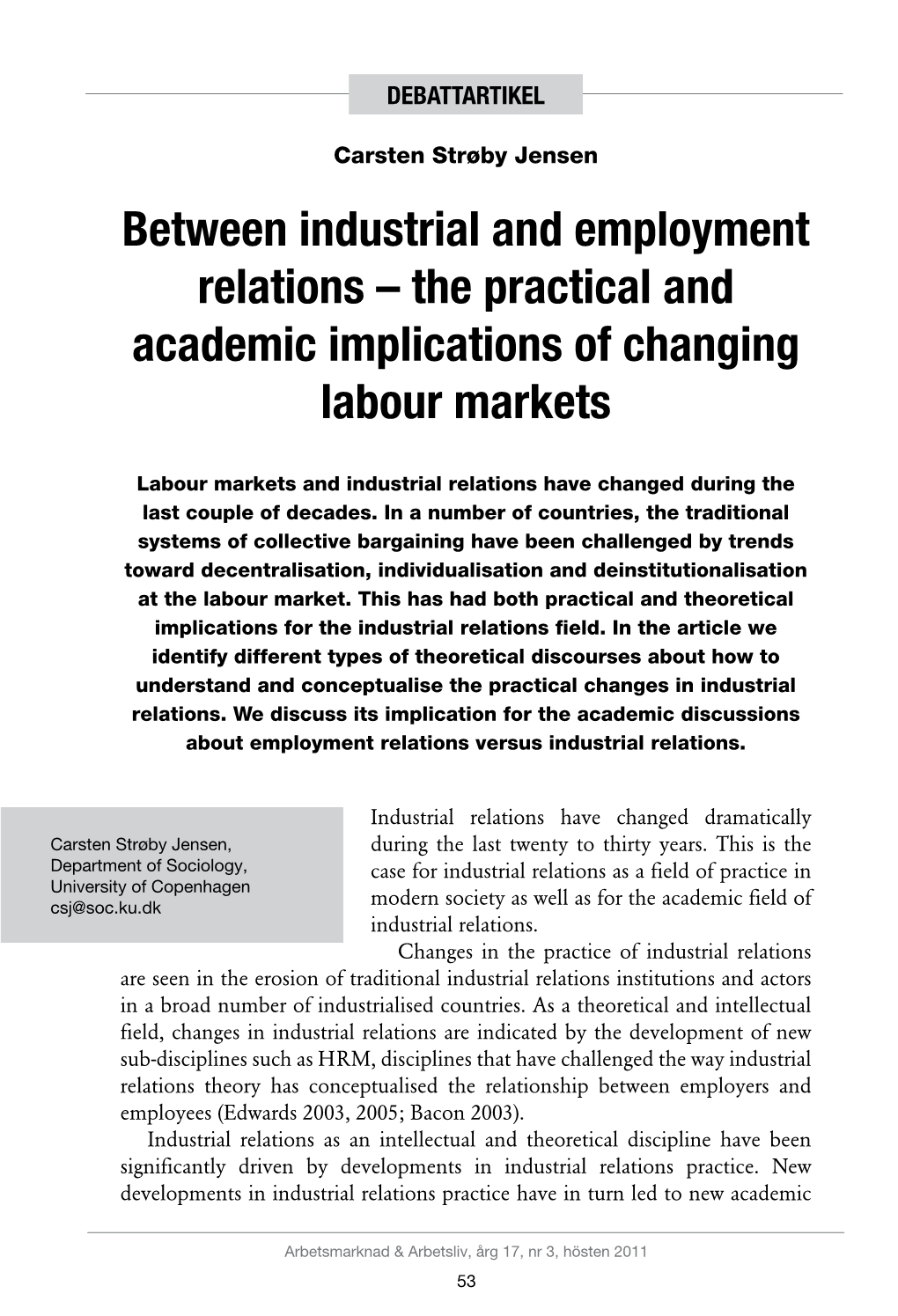 Between Industrial and Employment Relations – the Practical and Academic Implications of Changing Labour Markets