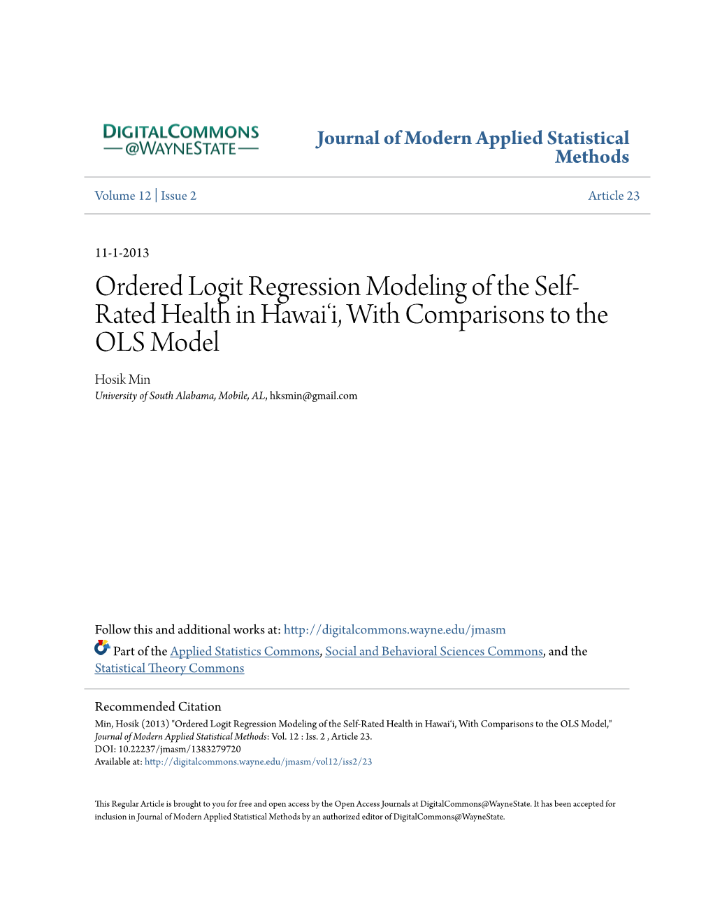 Ordered Logit Regression Modeling of the Self-Rated Health in Hawai'i