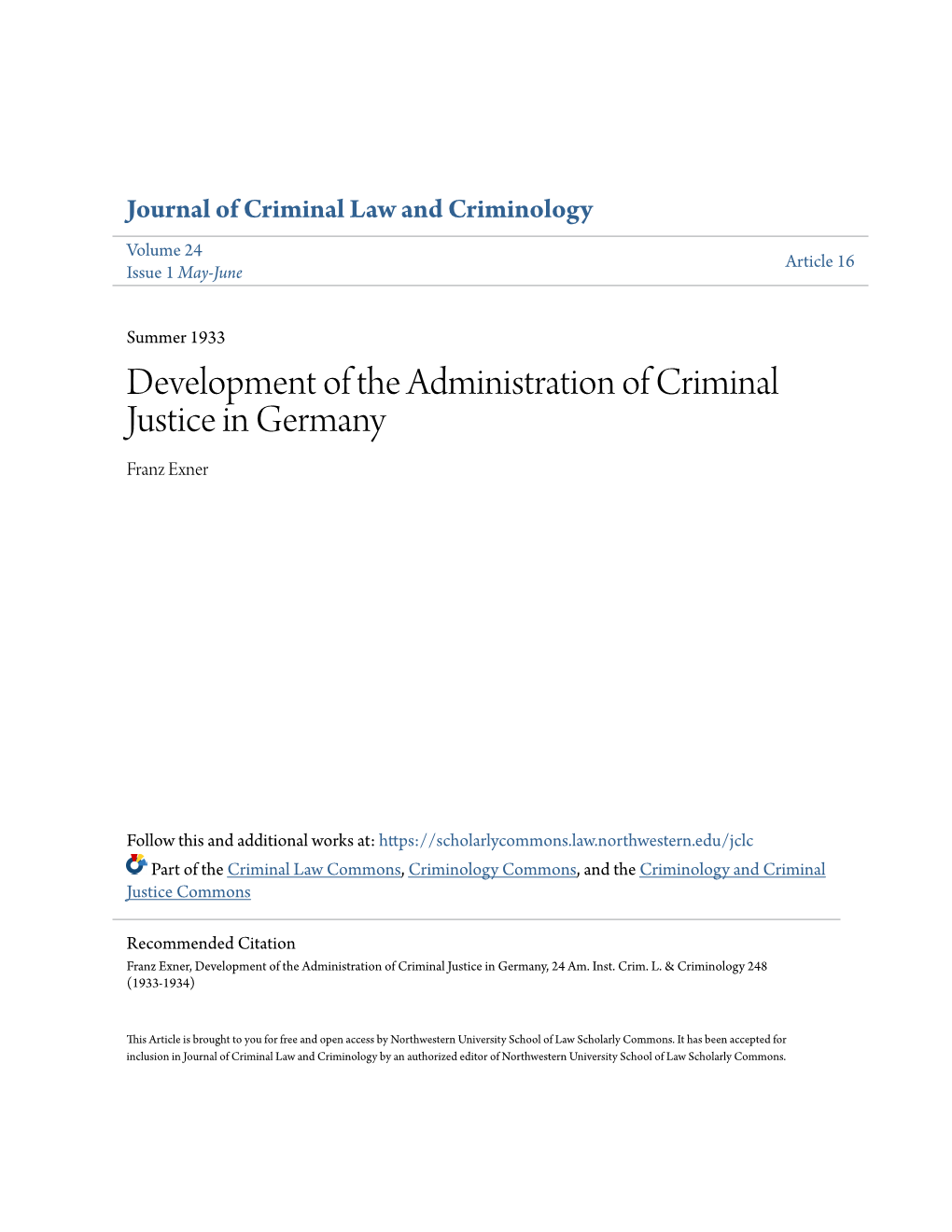 Development of the Administration of Criminal Justice in Germany Franz Exner