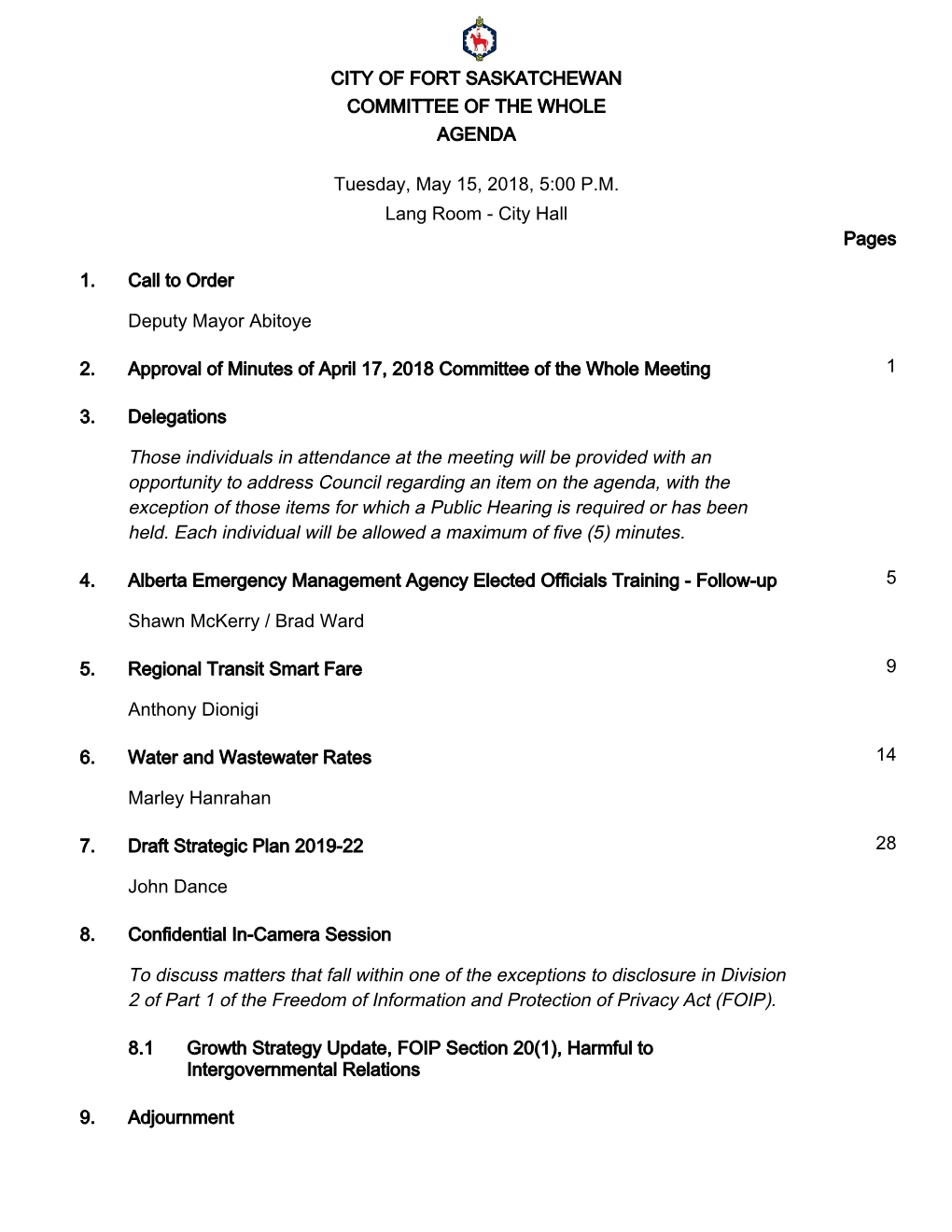 City of Fort Saskatchewan Committee of the Whole Agenda