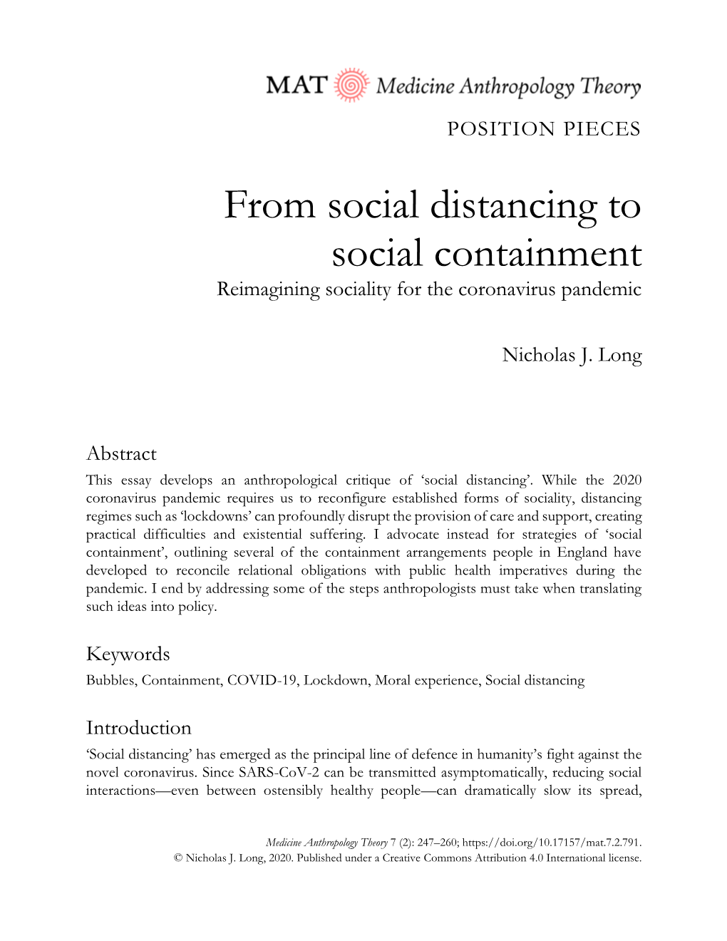 From Social Distancing to Social Containment Reimagining Sociality for the Coronavirus Pandemic