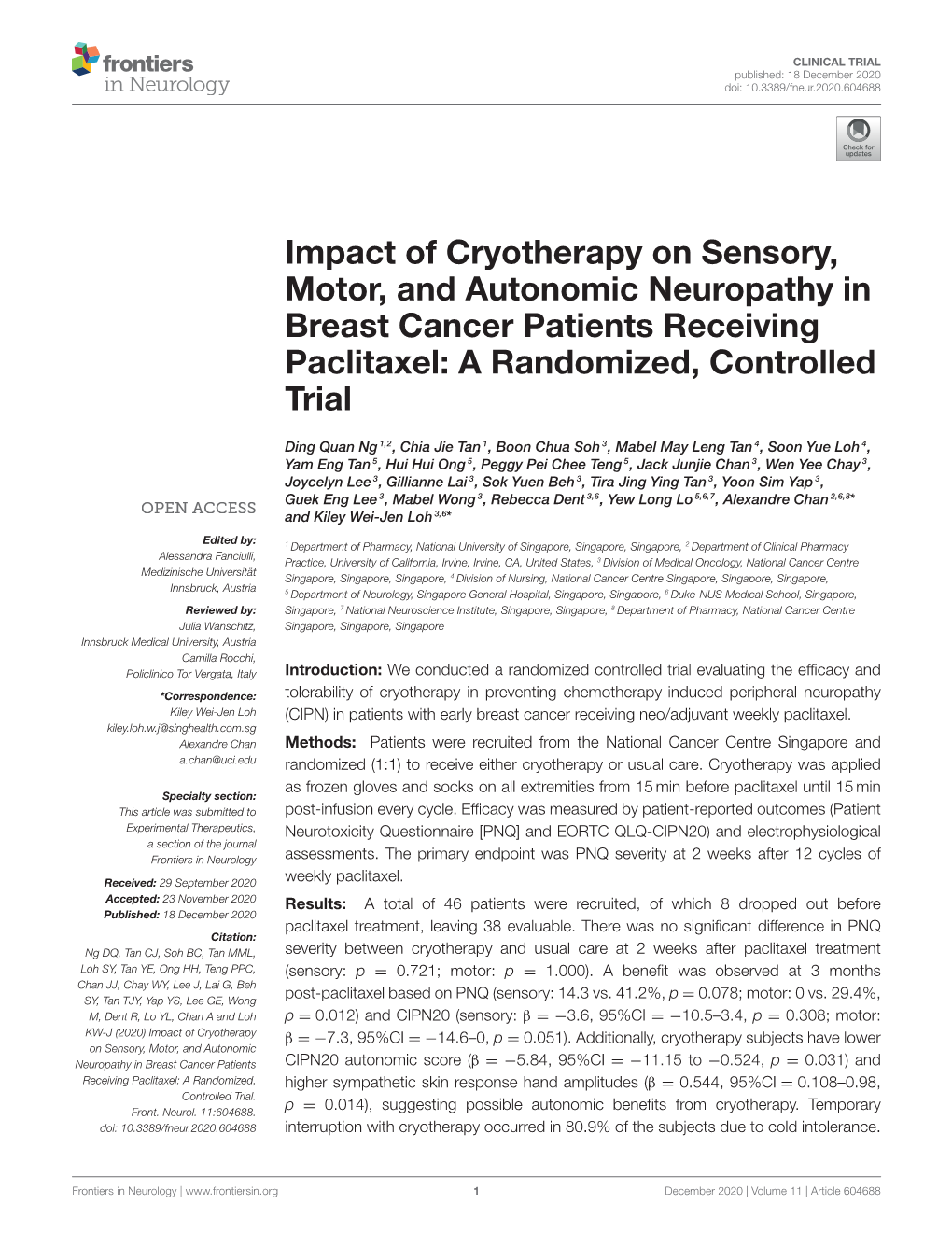 Impact of Cryotherapy on Sensory, Motor, and Autonomic Neuropathy in Breast Cancer Patients Receiving Paclitaxel: a Randomized, Controlled Trial