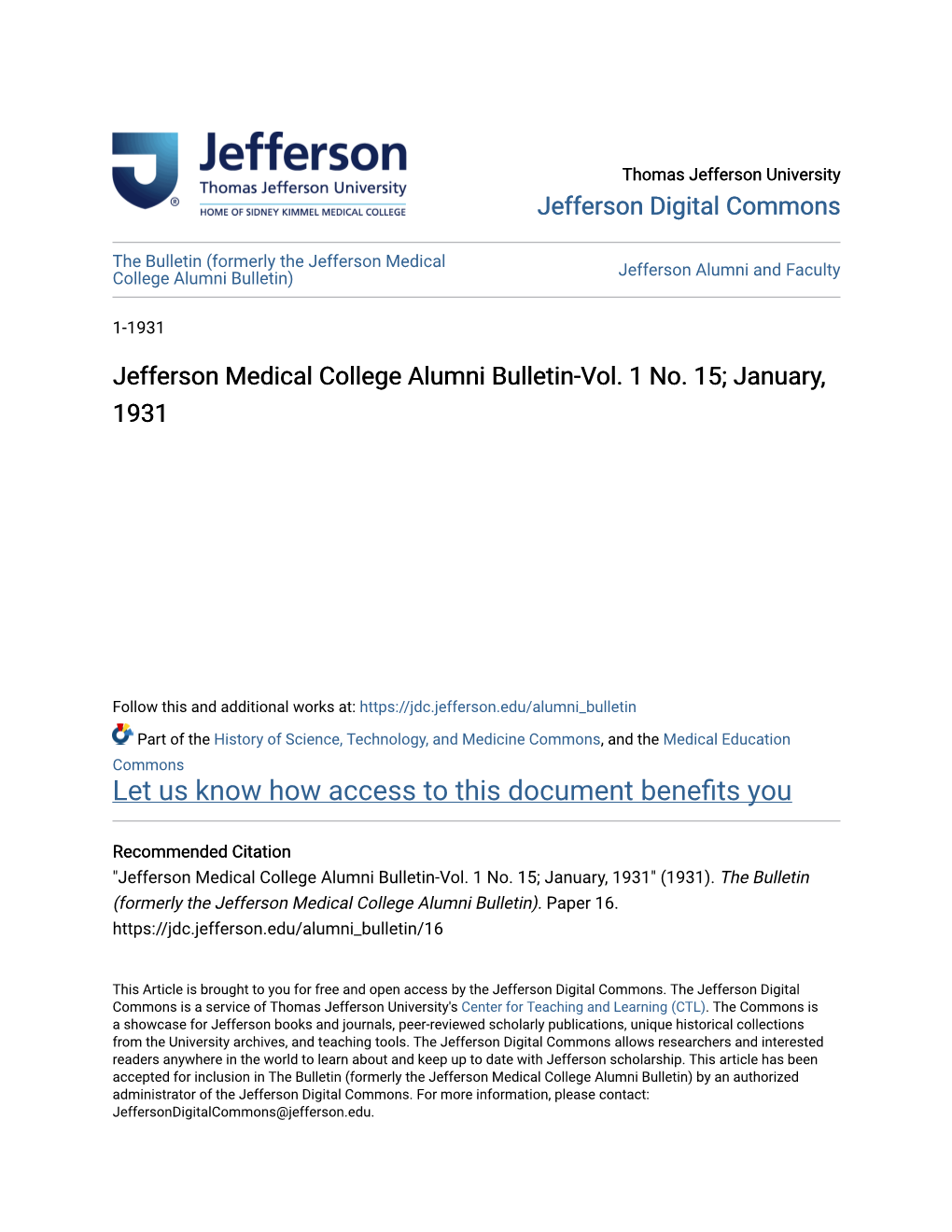 Jefferson Medical College Alumni Bulletin) Jefferson Alumni and Faculty