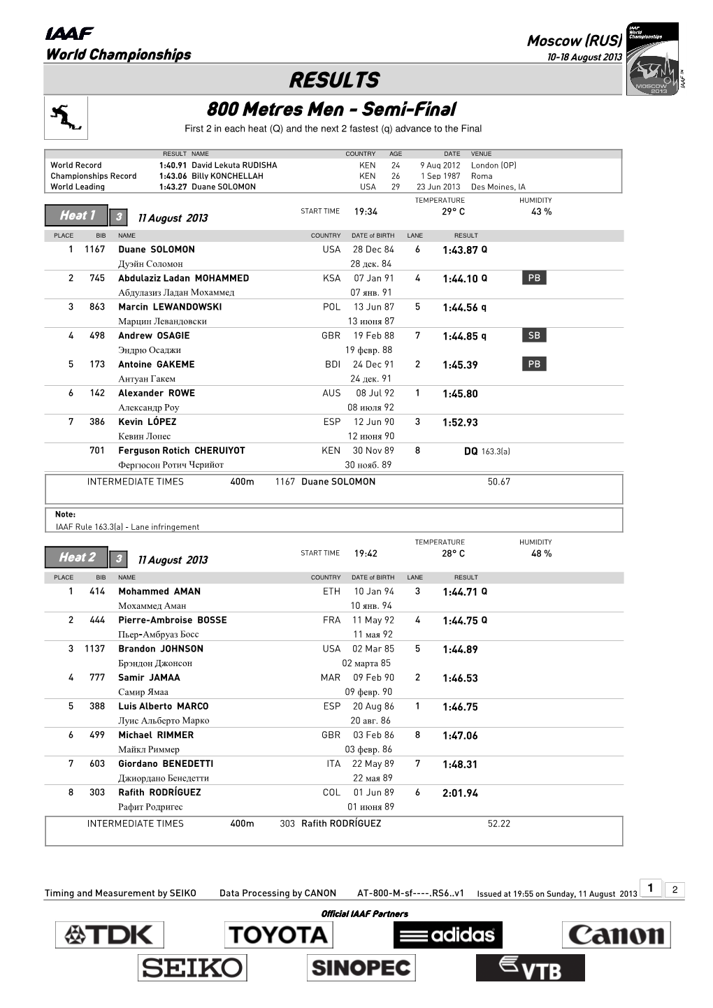 RESULTS 800 Metres Men - Semi-Final First 2 in Each Heat (Q) and the Next 2 Fastest (Q) Advance to the Final