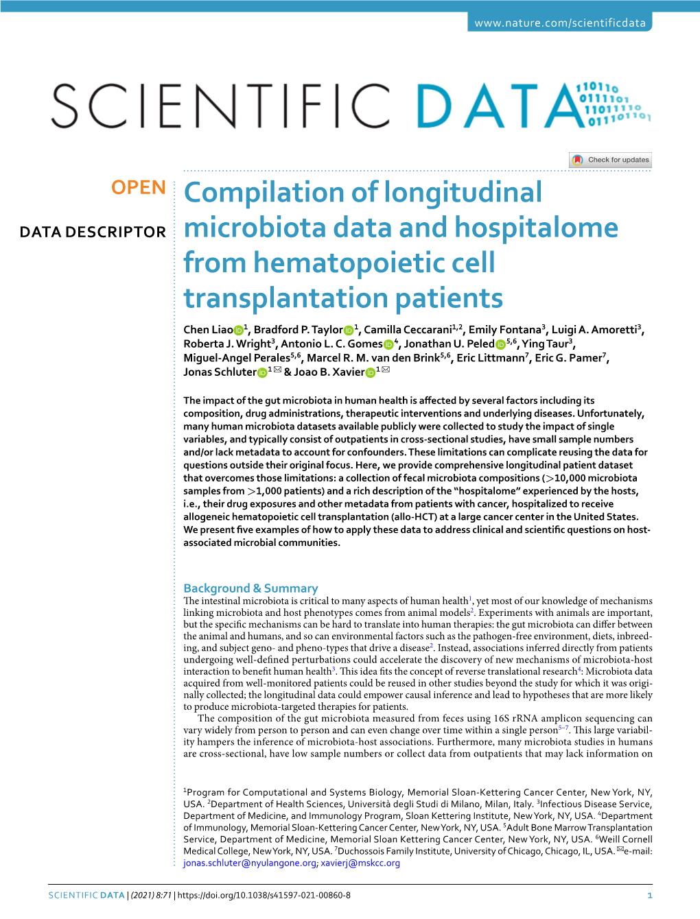 Compilation of Longitudinal Microbiota Data and Hospitalome from Hematopoietic Cell Transplantation Patients