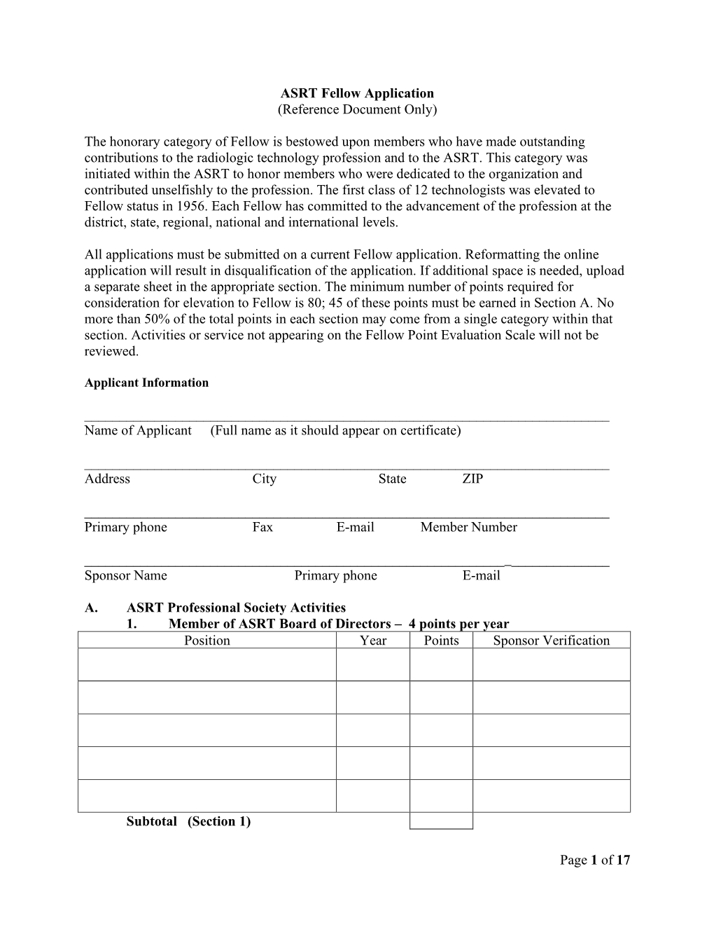 ASRT Fellow Application (Reference Document Only)