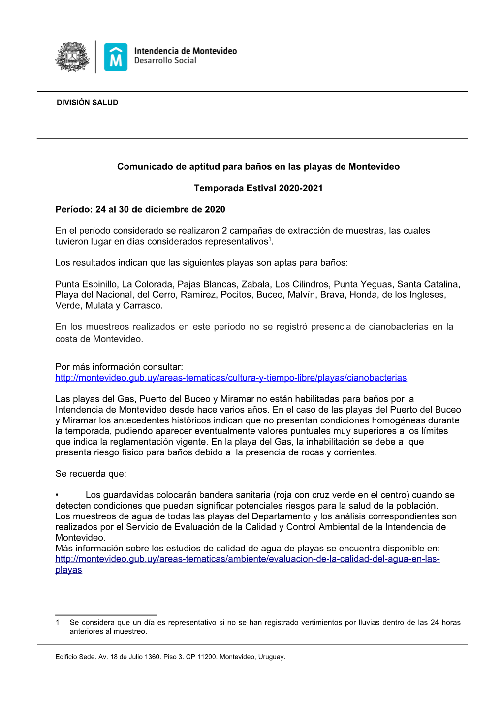 Comunicado De Aptitud Para Baños En Las Playas De Montevideo