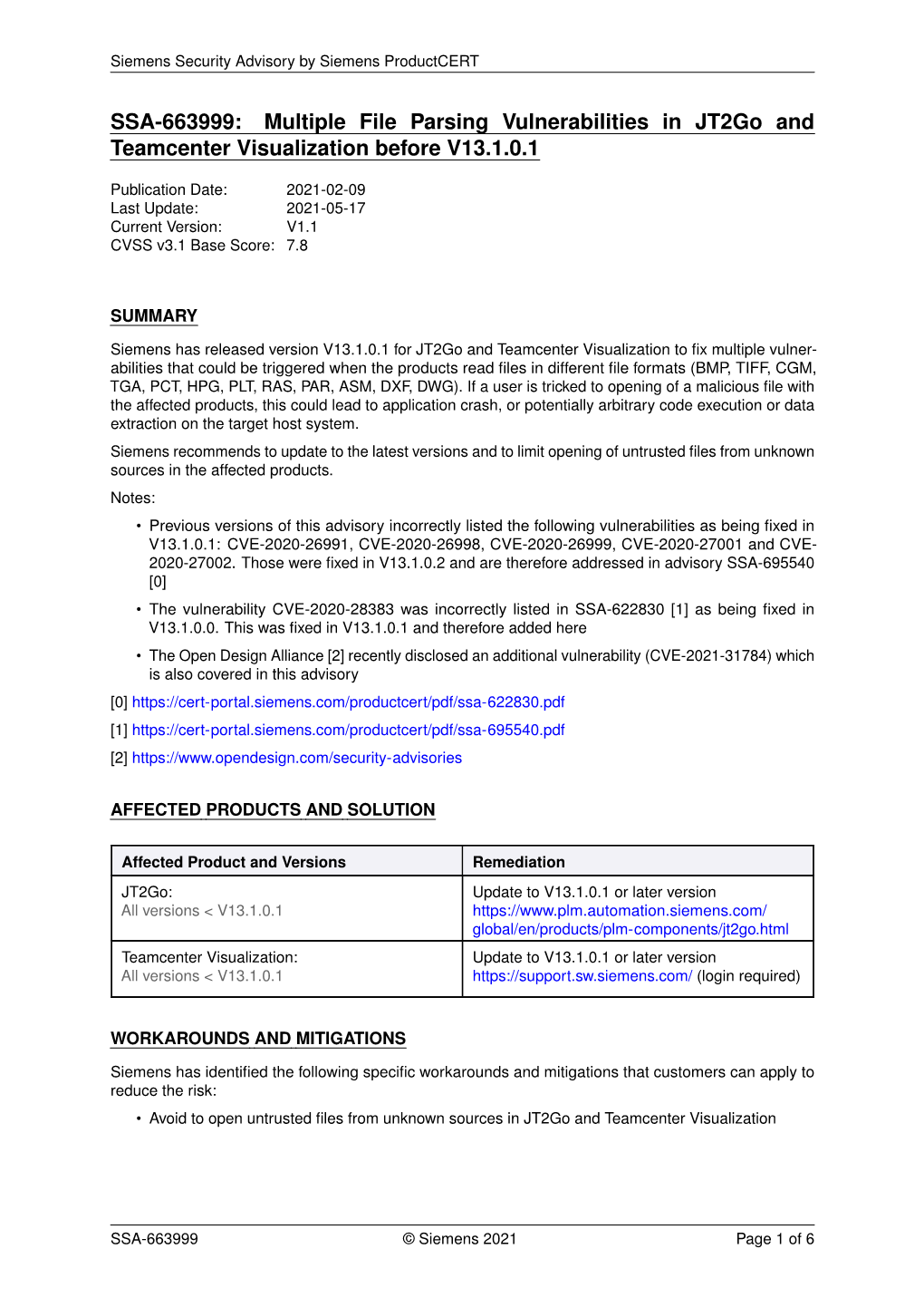 SSA-663999: Multiple File Parsing Vulnerabilities in Jt2go and Teamcenter Visualization Before V13.1.0.1