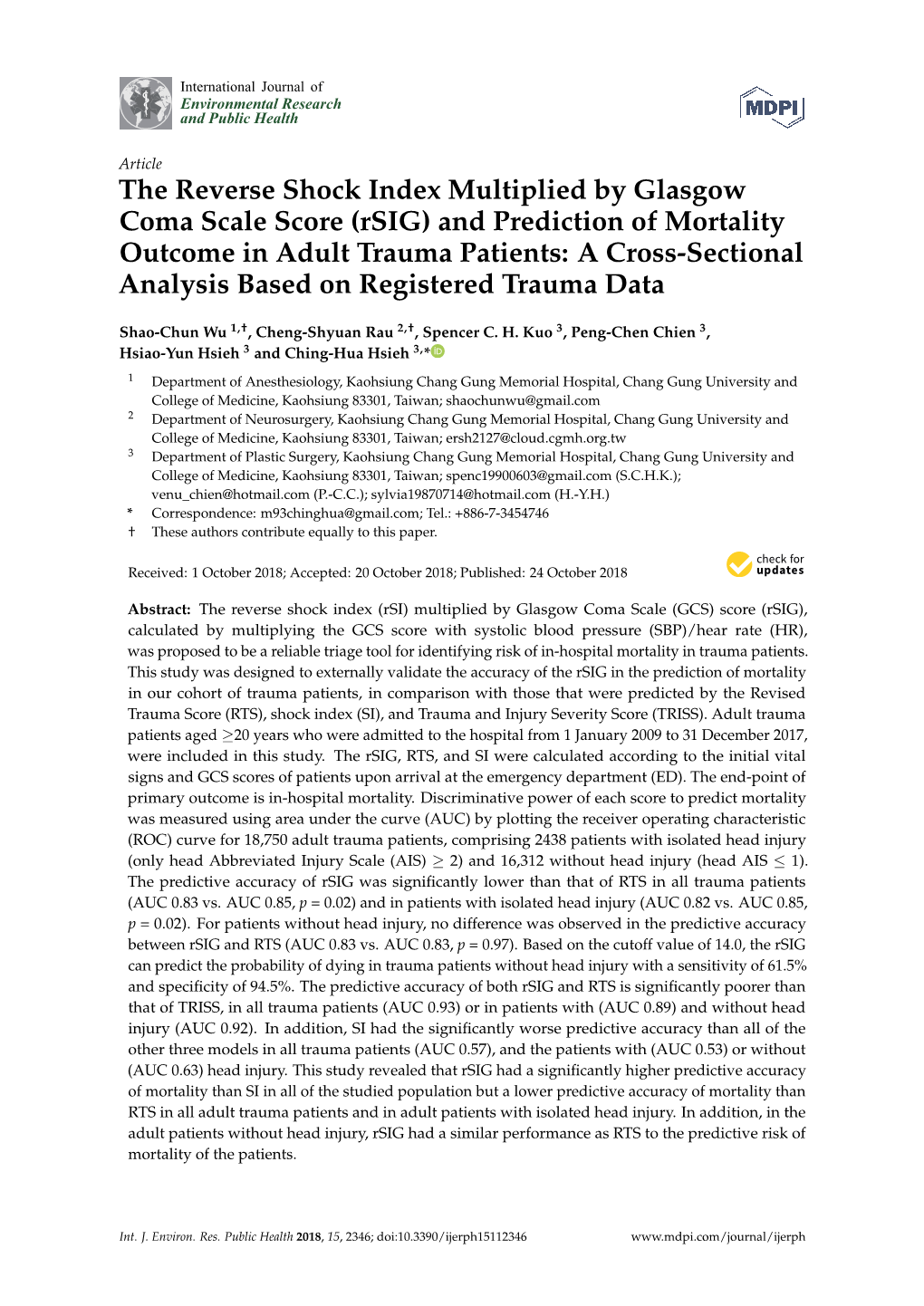 The Reverse Shock Index Multiplied by Glasgow Coma Scale Score (Rsig) and Prediction of Mortality Outcome in Adult Trauma Patien