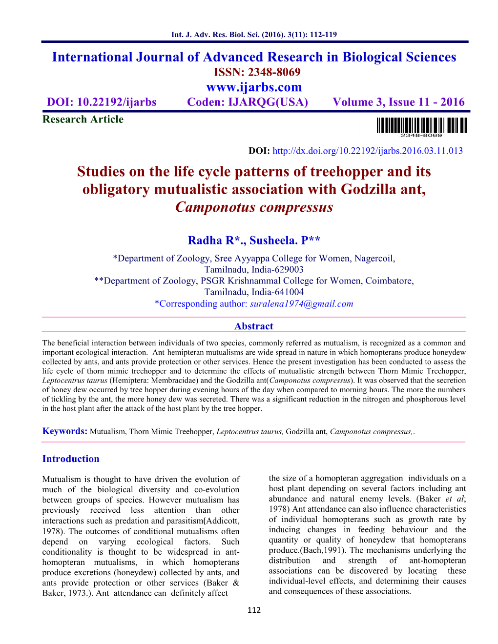 Studies on the Life Cycle Patterns of Treehopper and Its Obligatory Mutualistic Association with Godzilla Ant, Camponotus Compressus