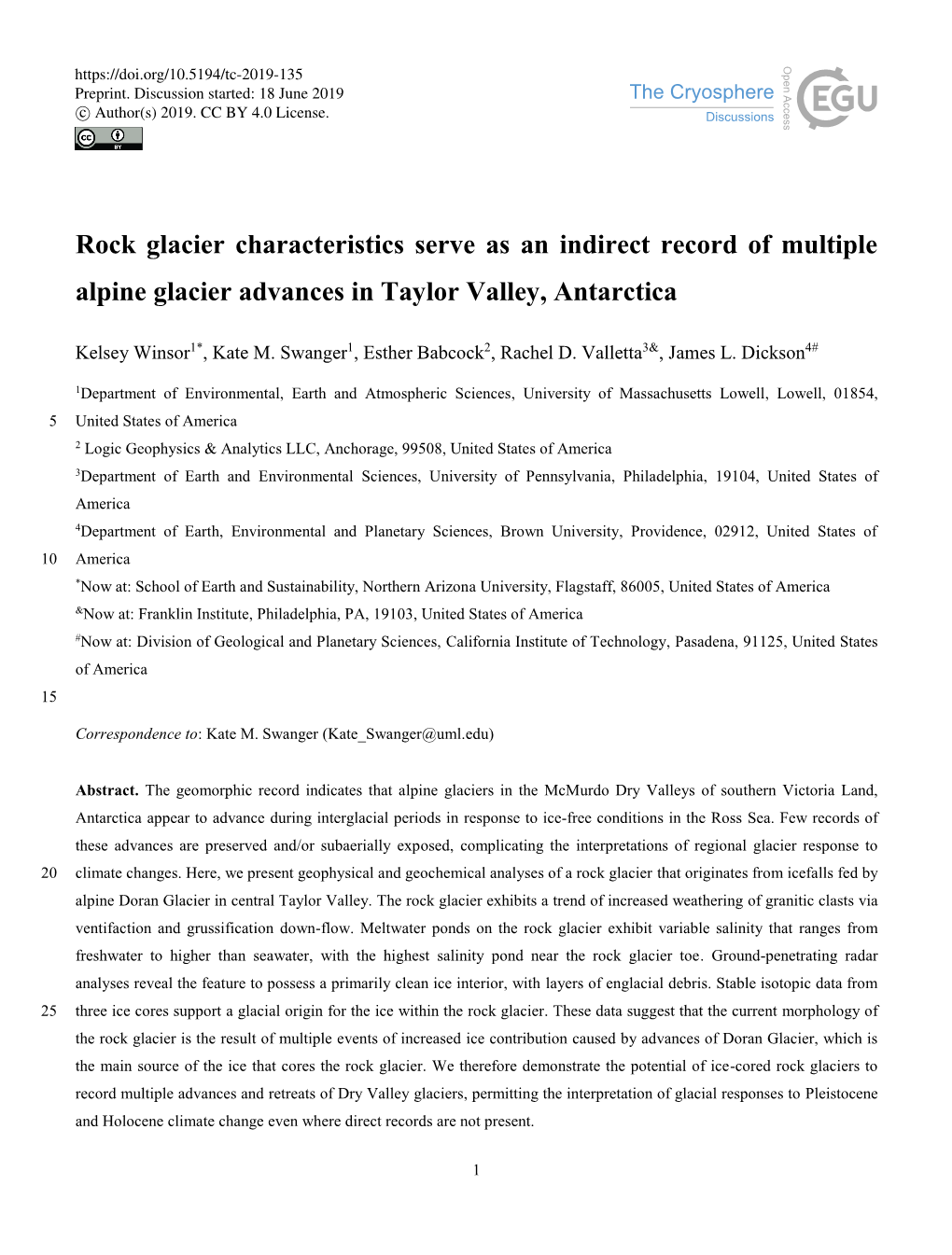 Rock Glacier Characteristics Serve As an Indirect Record of Multiple Alpine Glacier Advances in Taylor Valley, Antarctica