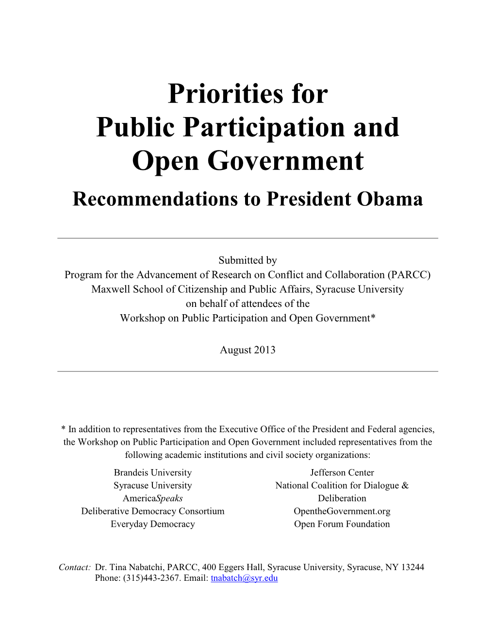 Priorities for Public Participation and Open Government Recommendations to President Obama