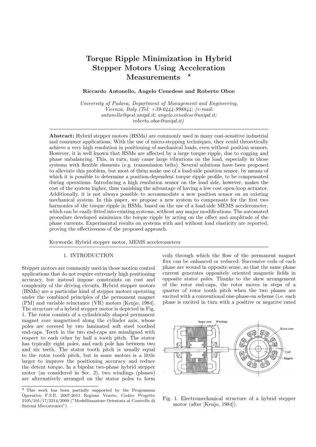 Torque Ripple Minimization in Hybrid Stepper Motors Using Acceleration Measurements ?