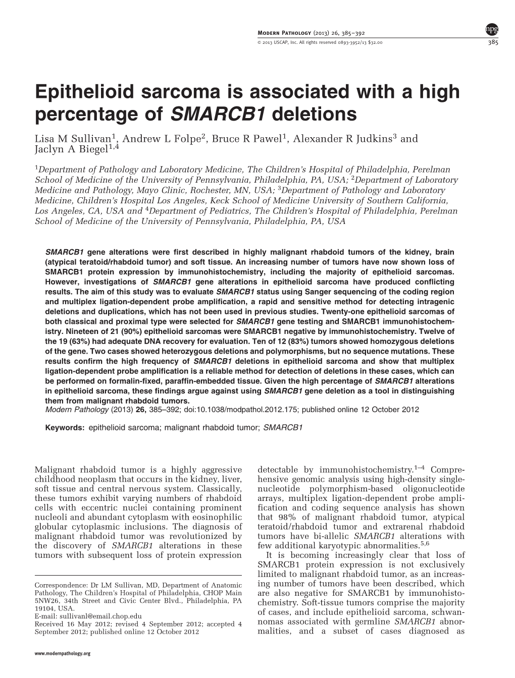 Epithelioid Sarcoma Is Associated with a High Percentage of SMARCB1