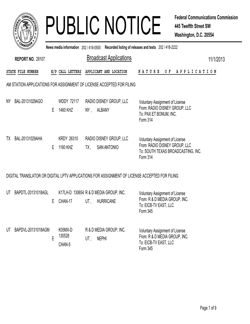 Broadcast Applications 11/1/2013