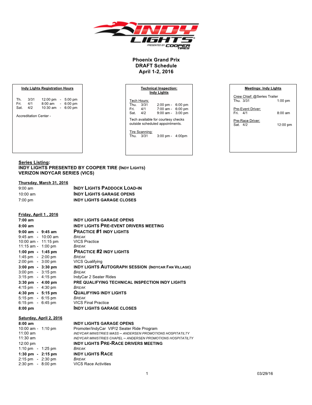 Phoenix Grand Prix DRAFT Schedule April 1-2, 2016