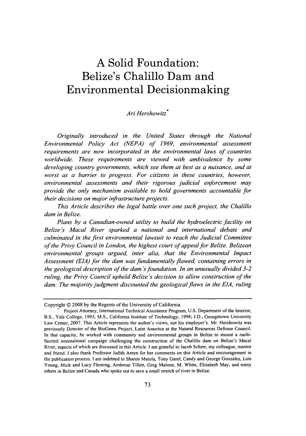 Belize's Chalillo Dam and Environmental Decisionmaking