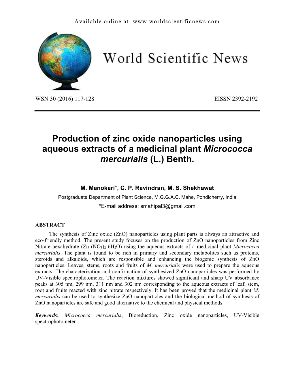 Production of Zinc Oxide Nanoparticles Using Aqueous Extracts of a Medicinal Plant Micrococca Mercurialis (L.) Benth