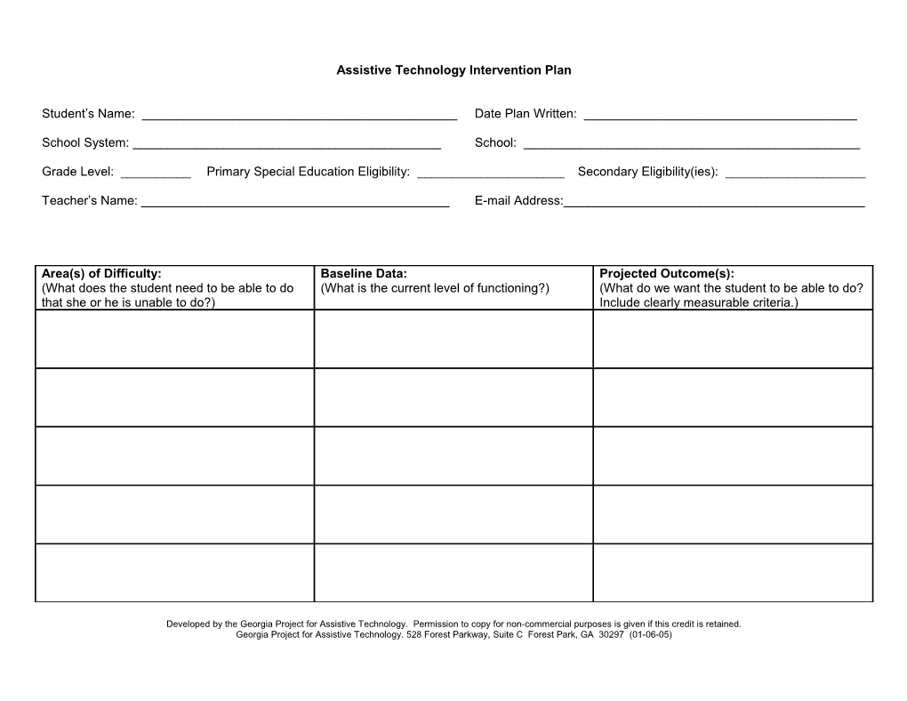 Assistive Technology Intervention Plan