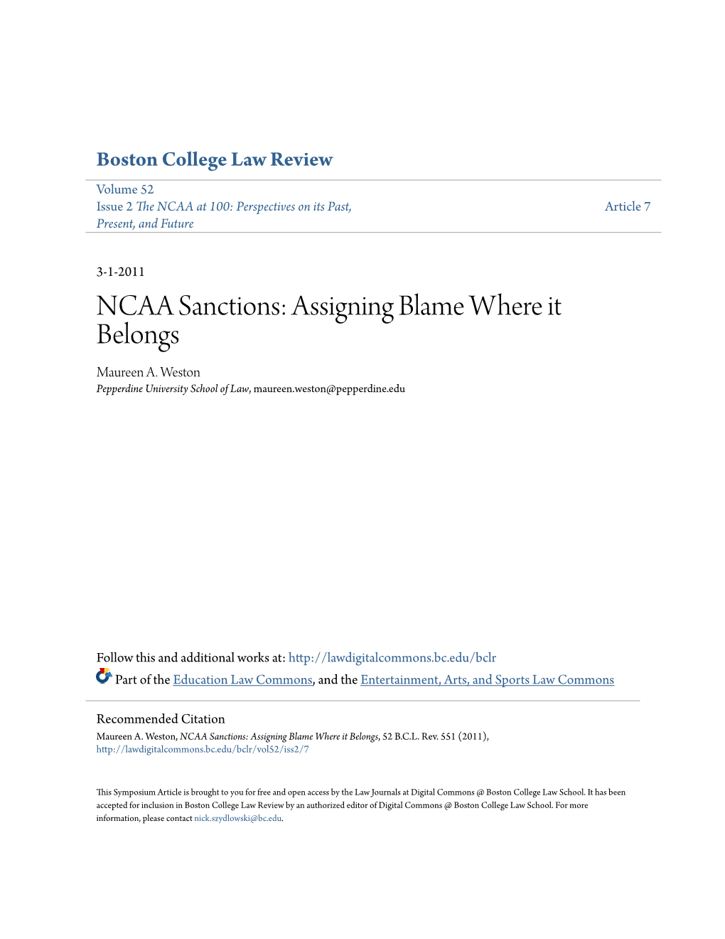 NCAA Sanctions: Assigning Blame Where It Belongs Maureen A