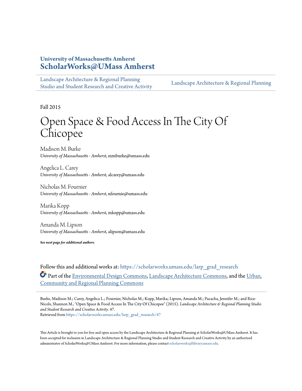 Open Space & Food Access in the City of Chicopee