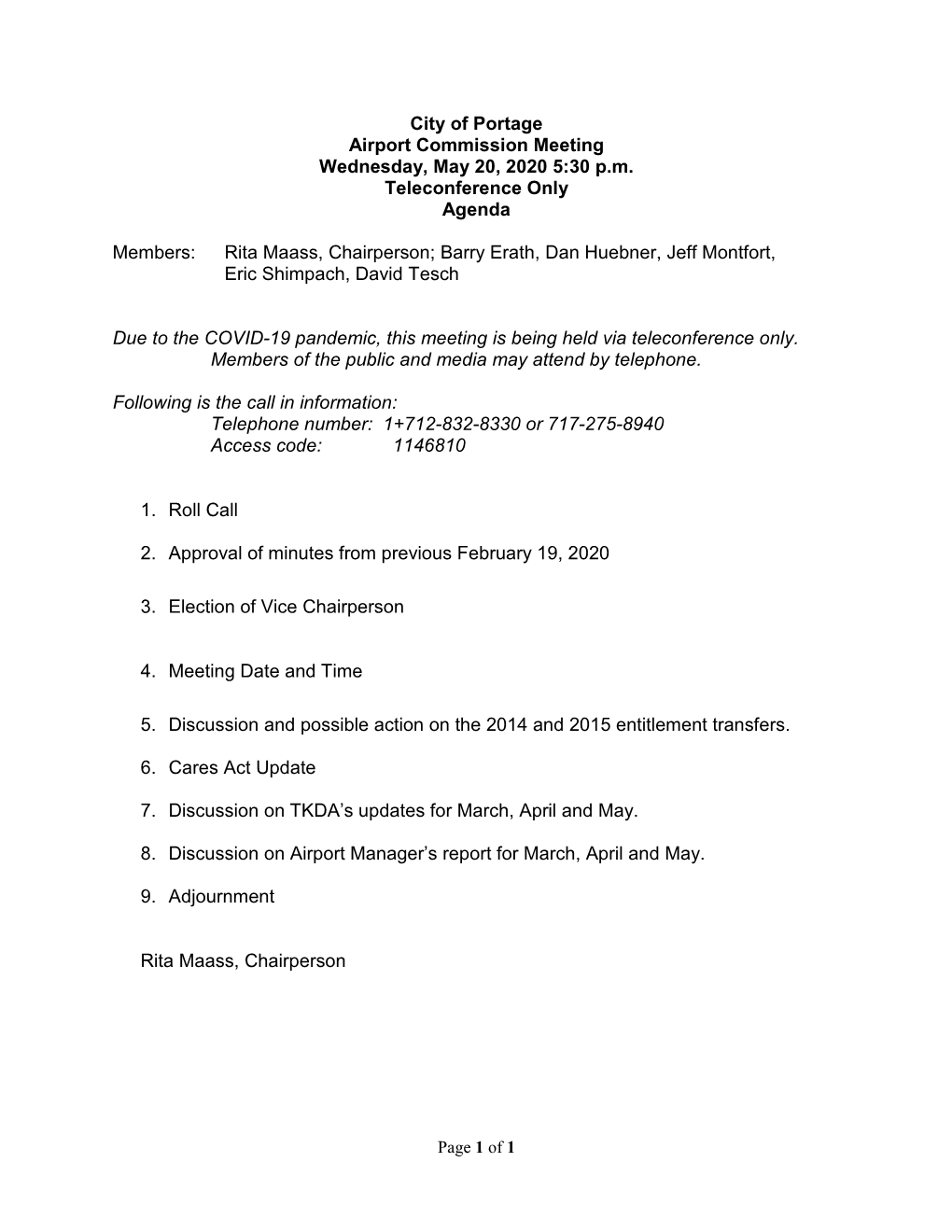 City of Portage Airport Commission Meeting Wednesday, May 20, 2020 5:30 P.M