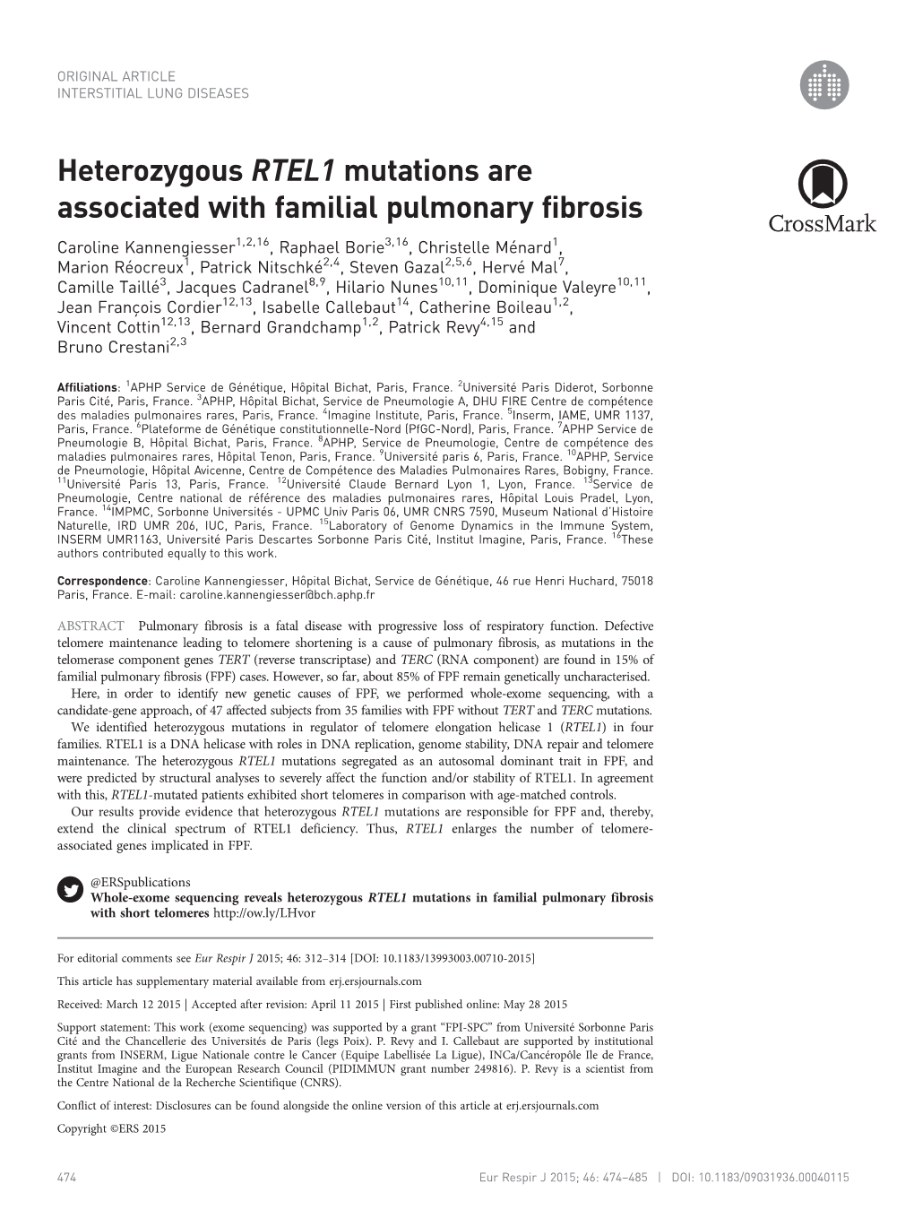 Heterozygous RTEL1 Mutations Are Associated with Familial Pulmonary