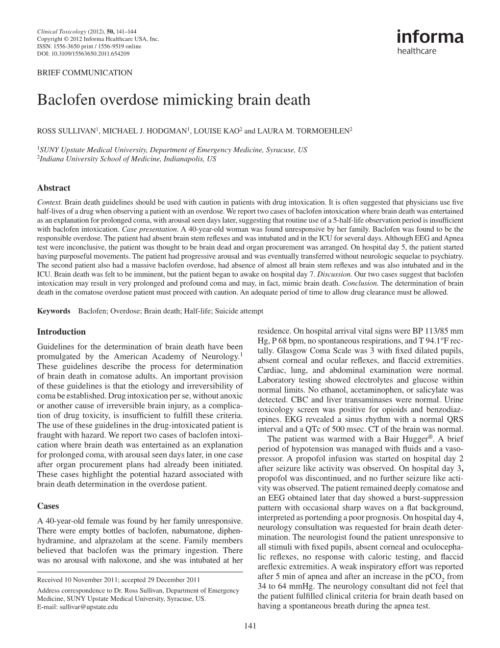 Baclofen Overdose Mimicking Brain Death