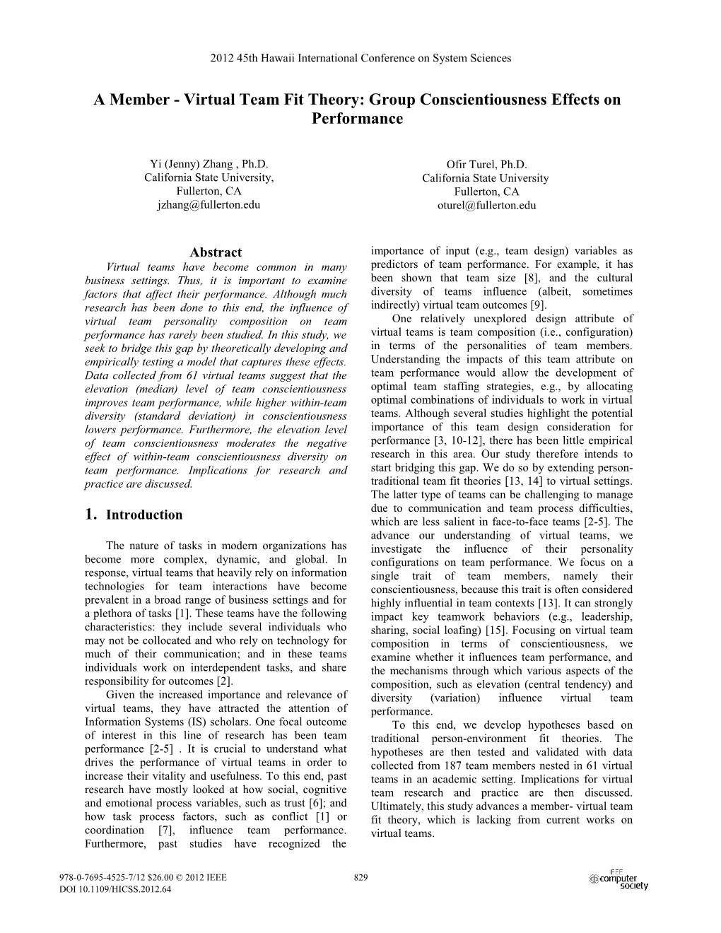 A Member - Virtual Team Fit Theory: Group Conscientiousness Effects on Performance