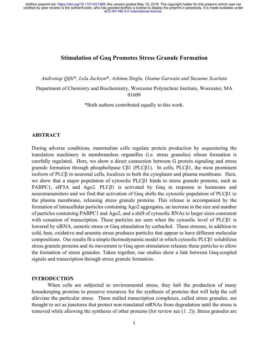 Stimulation of Gαq Promotes Stress Granule Formation