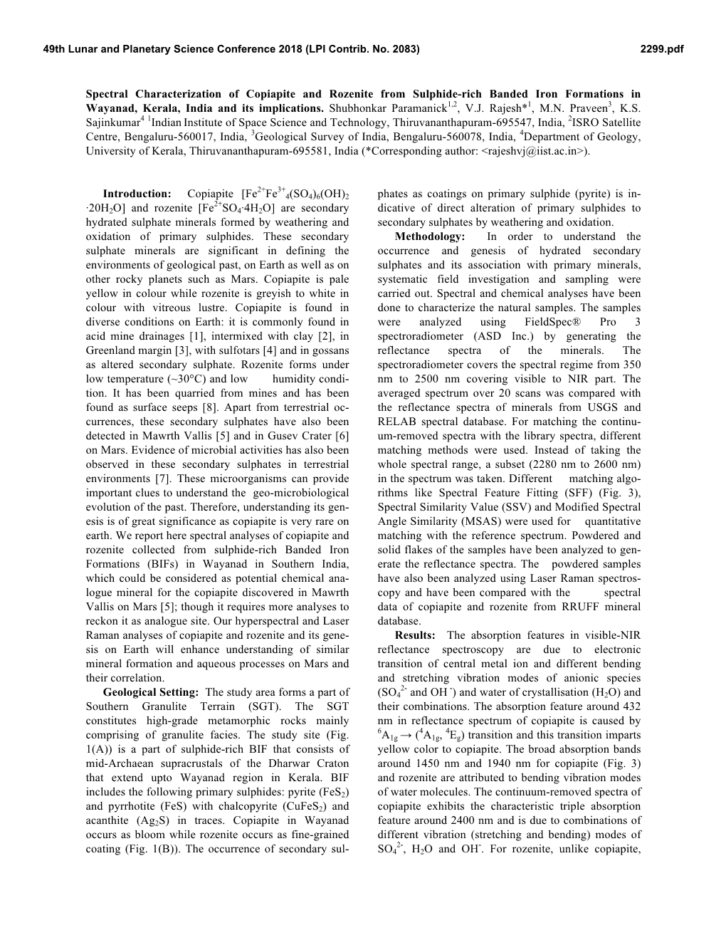 Spectral Characterization of Copiapite and Rozenite from Sulphide-Rich Banded Iron Formations in Wayanad, Kerala, India and Its Implications