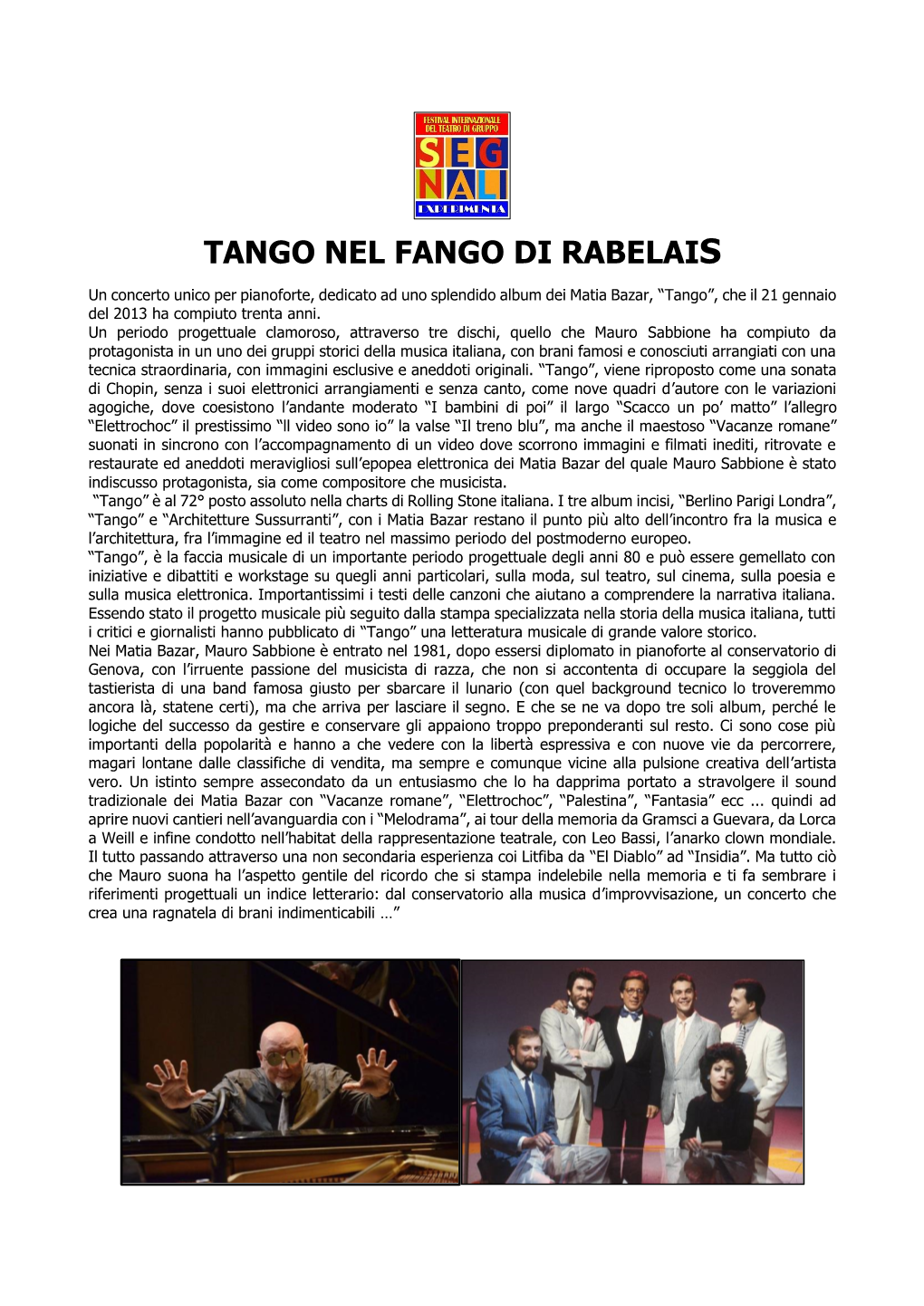 Scheda Spettacolo TANGO NEL FANGO DI RABELAIS