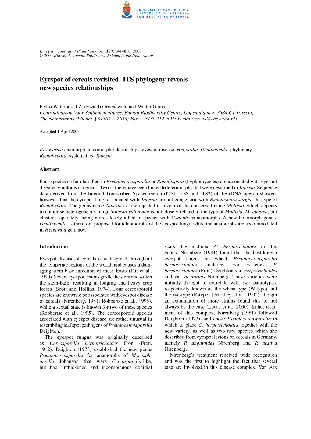 Eyespot of Cereals Revisited: ITS Phylogeny Reveals New Species Relationships