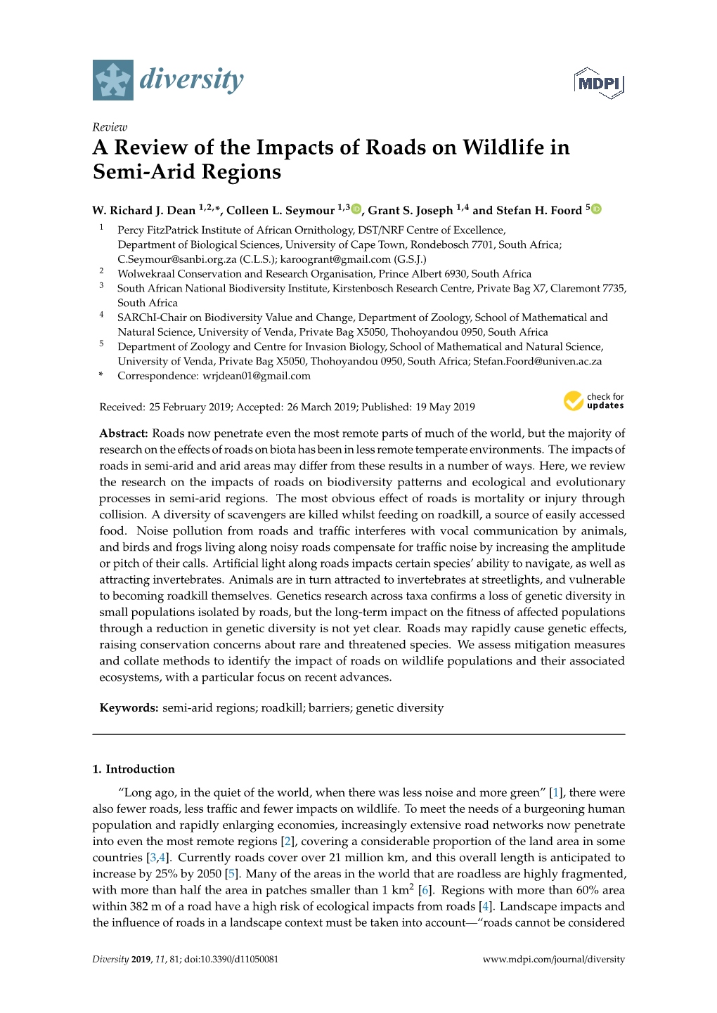 A Review of the Impacts of Roads on Wildlife in Semi-Arid Regions