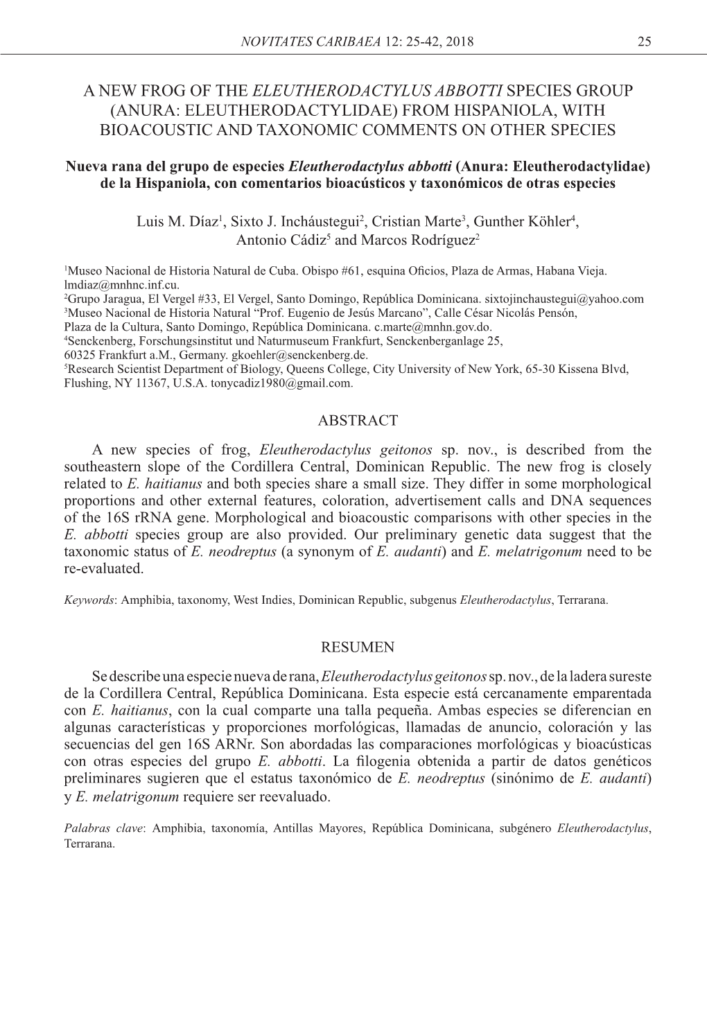 A New Frog of the Eleutherodactylus Abbotti Species Group (Anura: Eleutherodactylidae) from Hispaniola, with Bioacoustic and Taxonomic Comments on Other Species