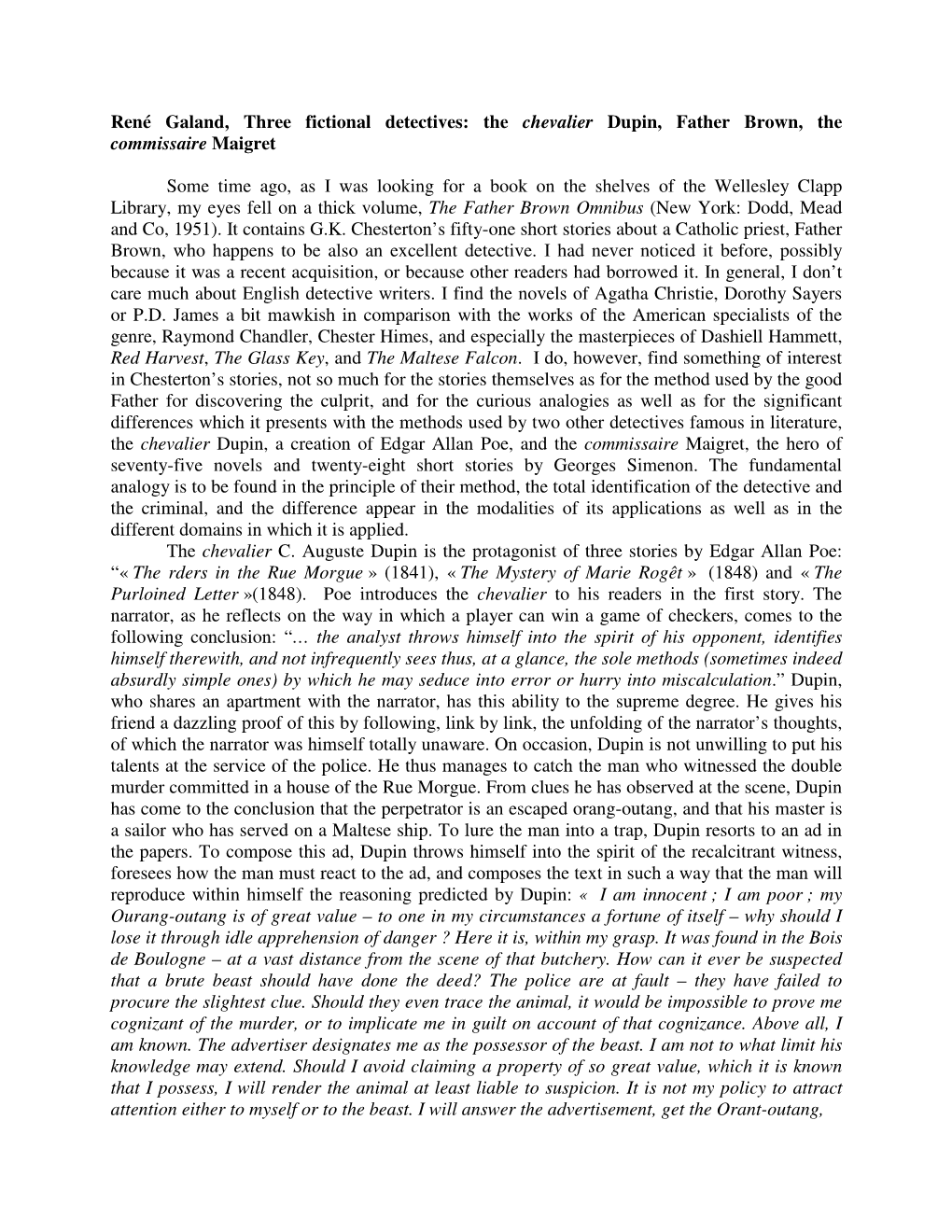 René Galand, Three Fictional Detectives: the Chevalier Dupin, Father Brown, the Commissaire Maigret