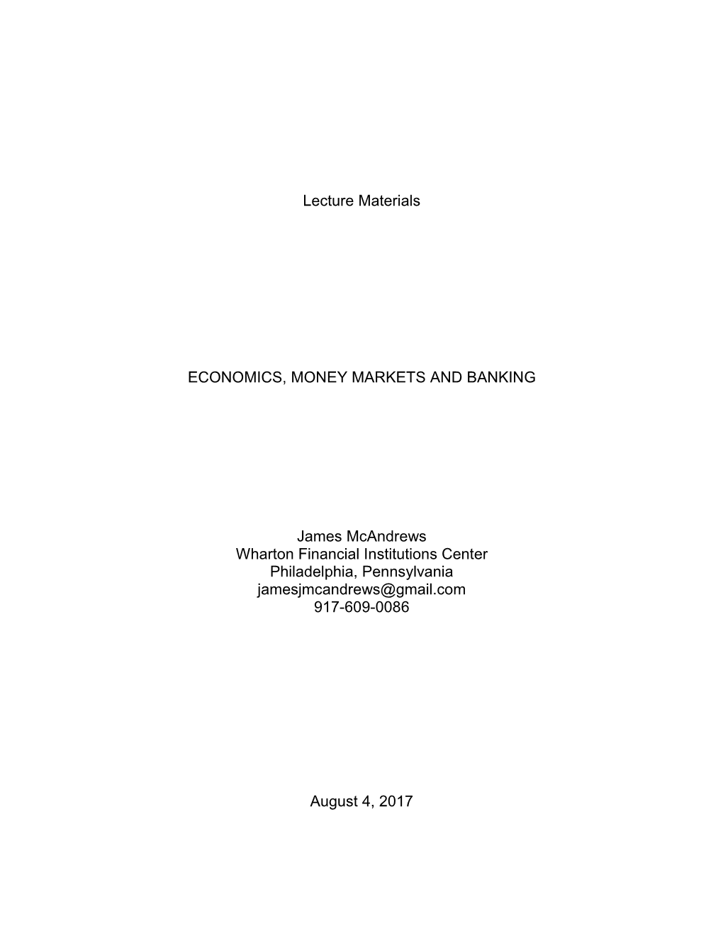 Lecture Materials ECONOMICS, MONEY MARKETS and BANKING