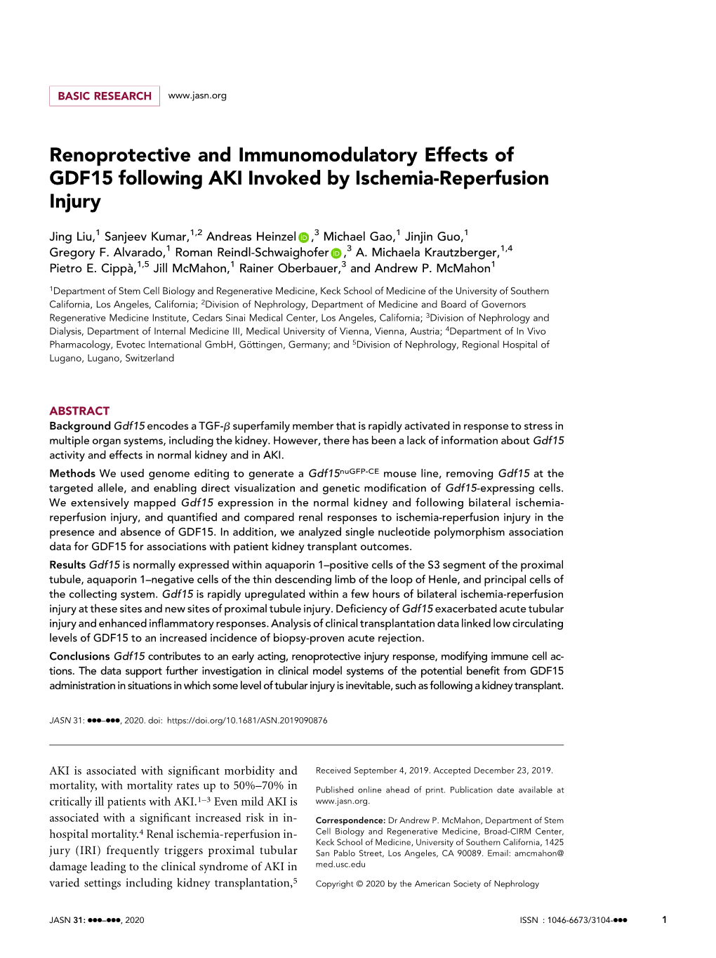 Renoprotective and Immunomodulatory Effects of GDF15 Following AKI Invoked by Ischemia-Reperfusion Injury