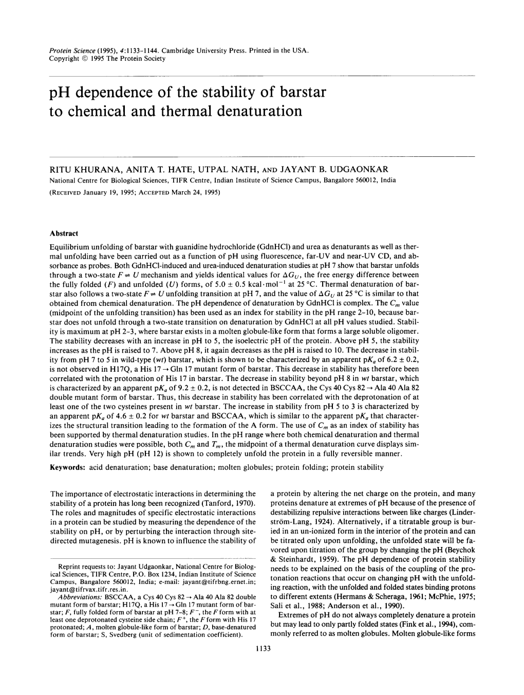 Ph Dependence of the Stability of Barstar to Chemical and Thermal Denaturation