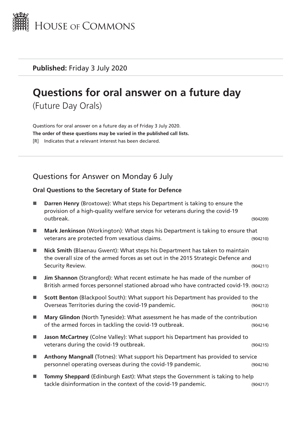 Future Oral Questions As of Fri 3 Jul 2020