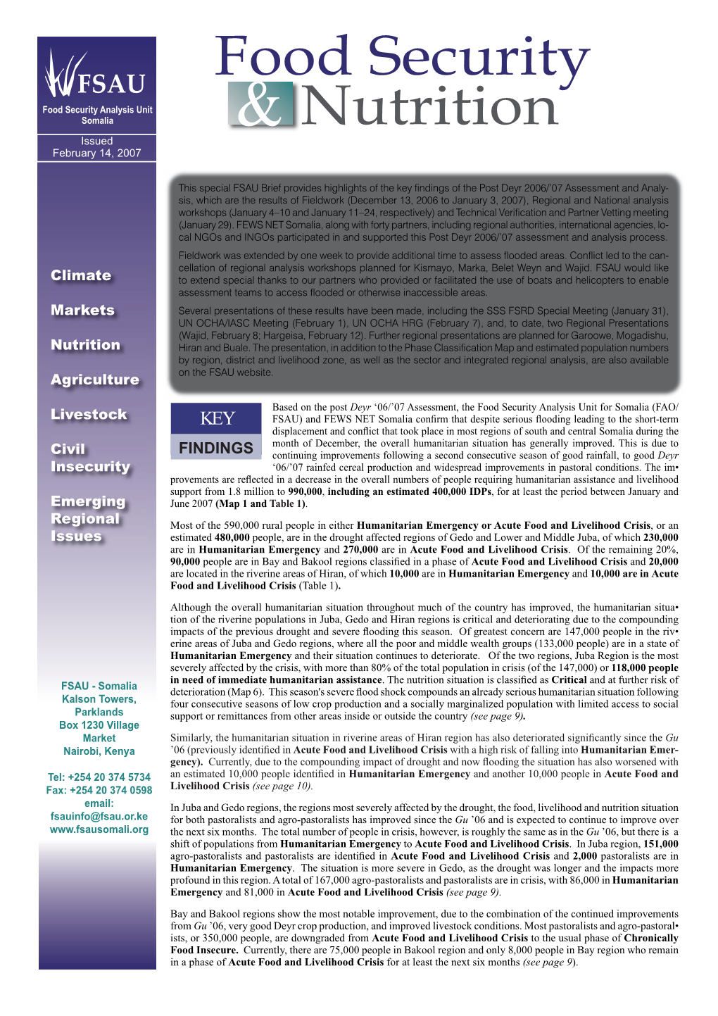 Food Security & Nutrition Special Brief – Post Deyr 06/07 Analysis