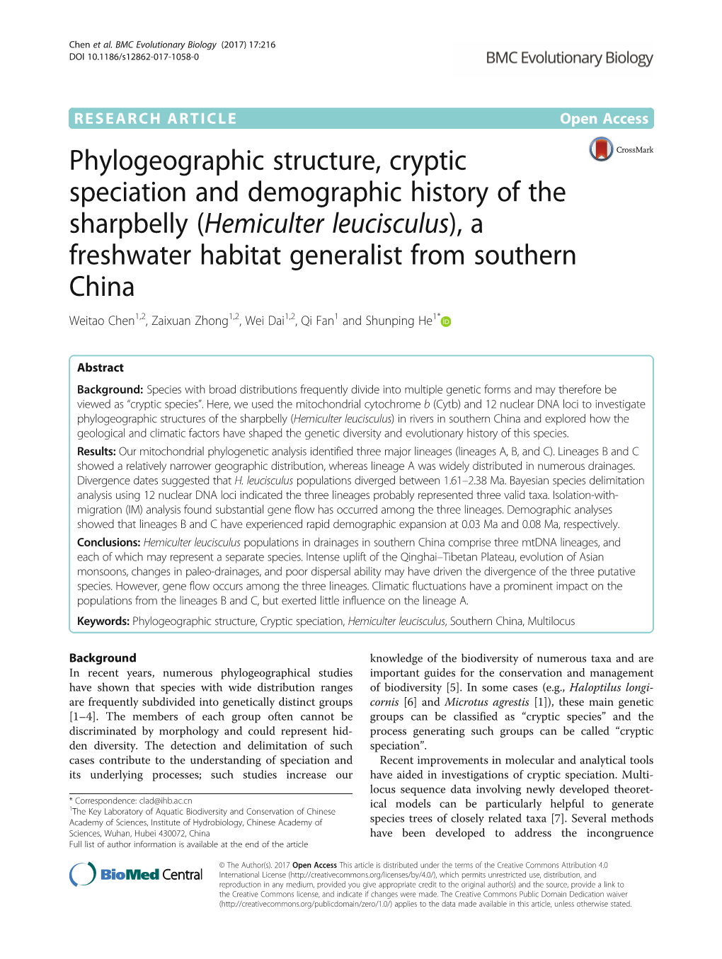 Hemiculter Leucisculus), a Freshwater Habitat Generalist from Southern China Weitao Chen1,2, Zaixuan Zhong1,2, Wei Dai1,2, Qi Fan1 and Shunping He1*