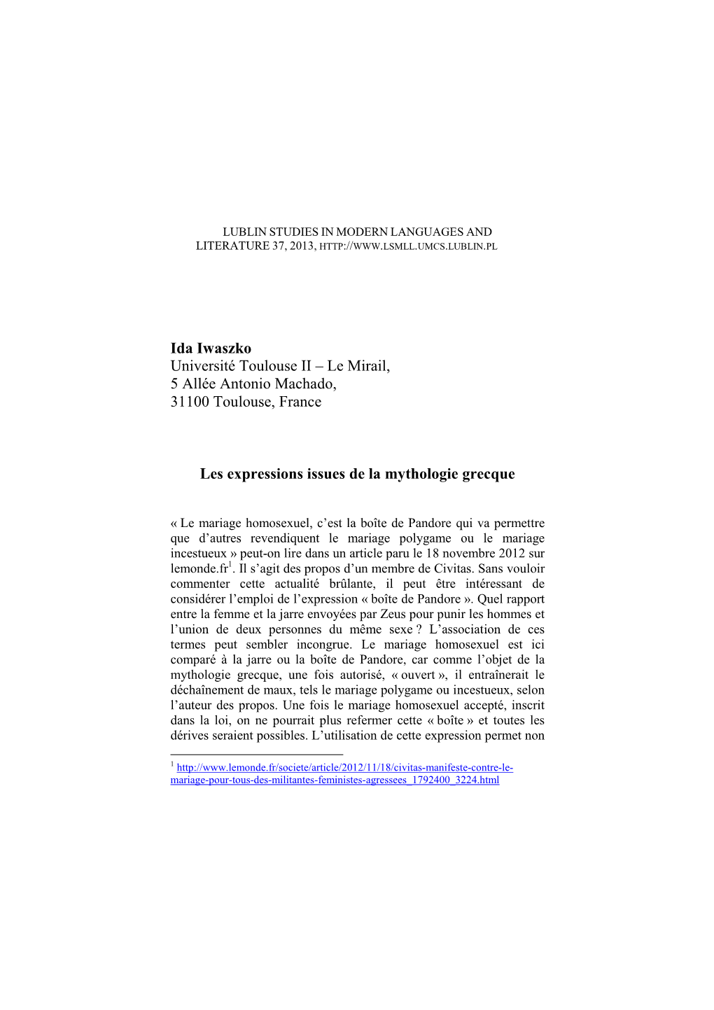 Ida Iwaszko Université Toulouse II – Le Mirail, 5 Allée Antonio Machado, 31100 Toulouse, France