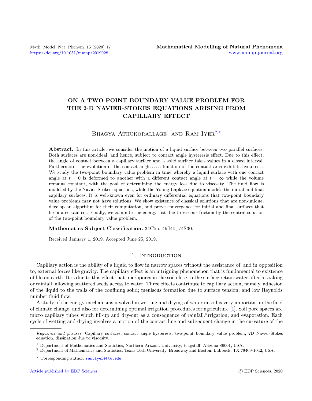 On a Two-Point Boundary Value Problem for the 2-D Navier-Stokes Equations Arising from Capillary Effect