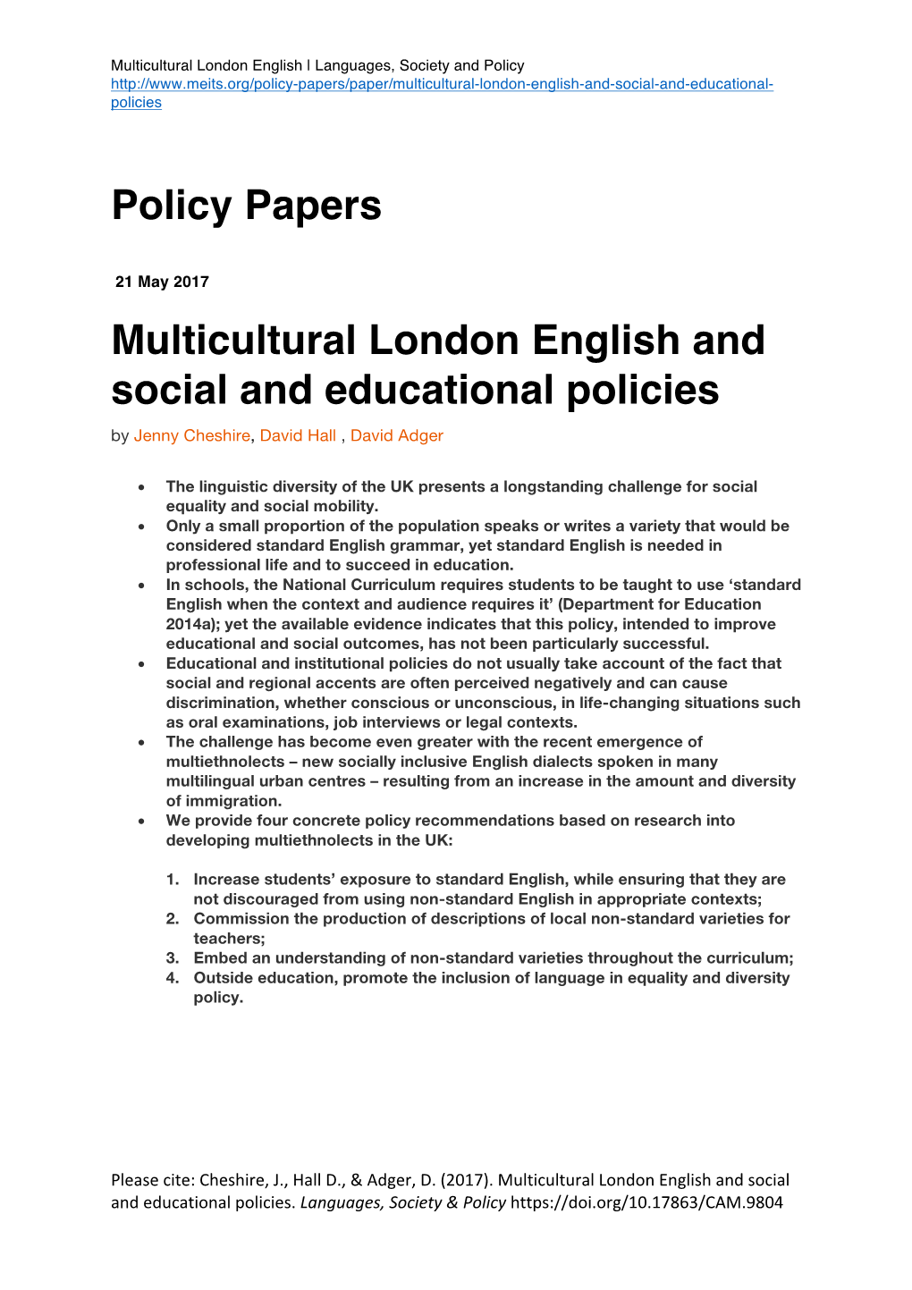 Policy Papers Multicultural London English and Social and Educational Policies