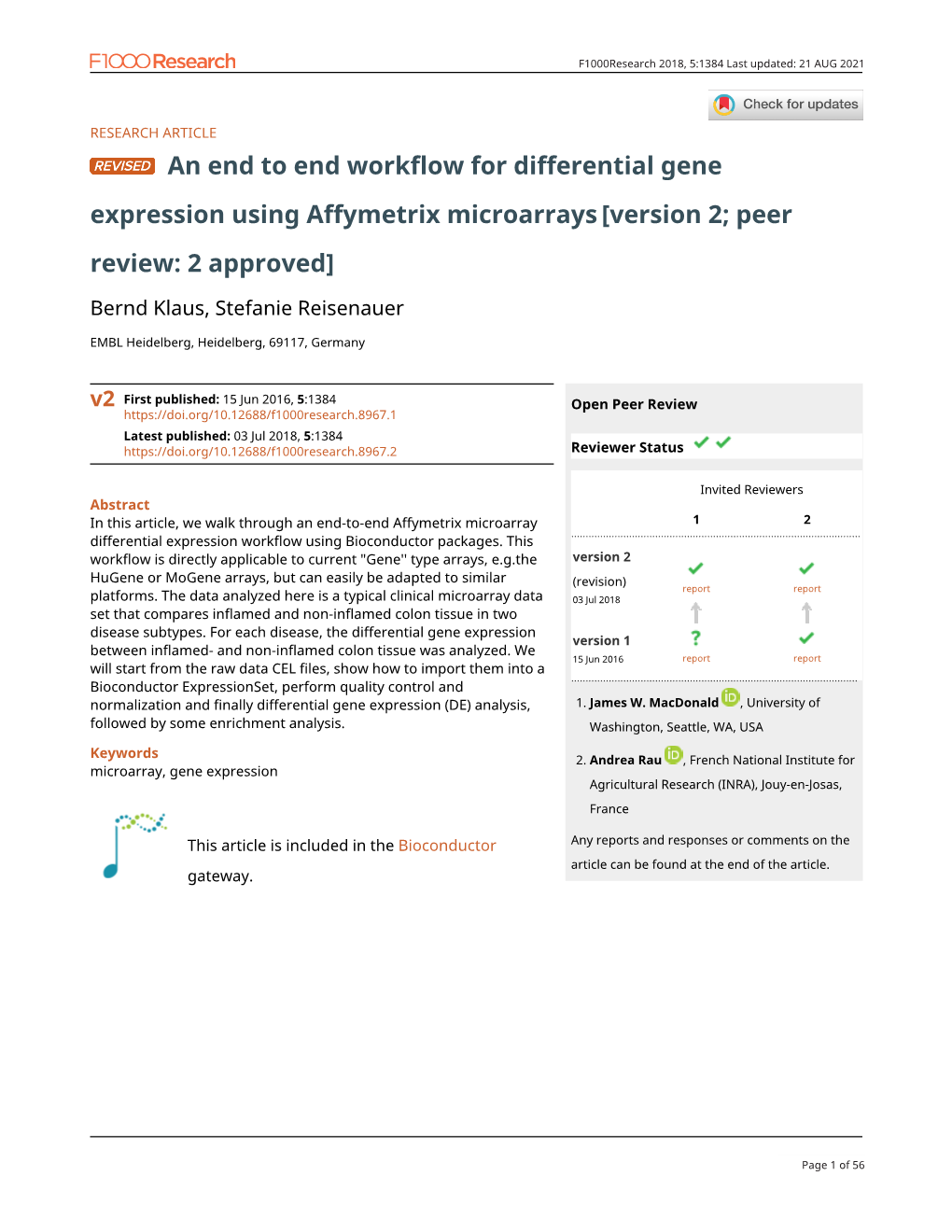 An End to End Workflow for Differential Gene Expression Using Affymetrix Microarrays[Version 2; Peer Review: 2 Approved]