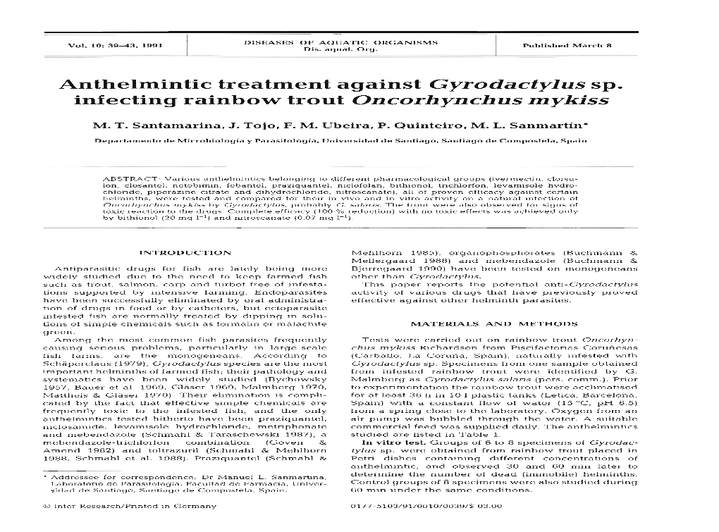 Anthelmintic Treatment Against Gyrodactylus Sp. Infecting Rainbow Trout Oncorhynchus Mykiss