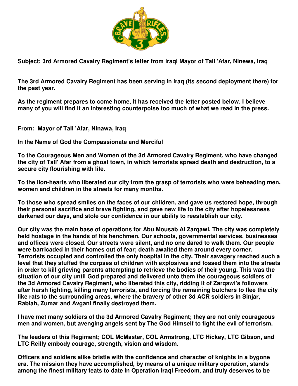 3Rd Armored Cavalry Regiment's Letter from Iraqi Mayor of Tall