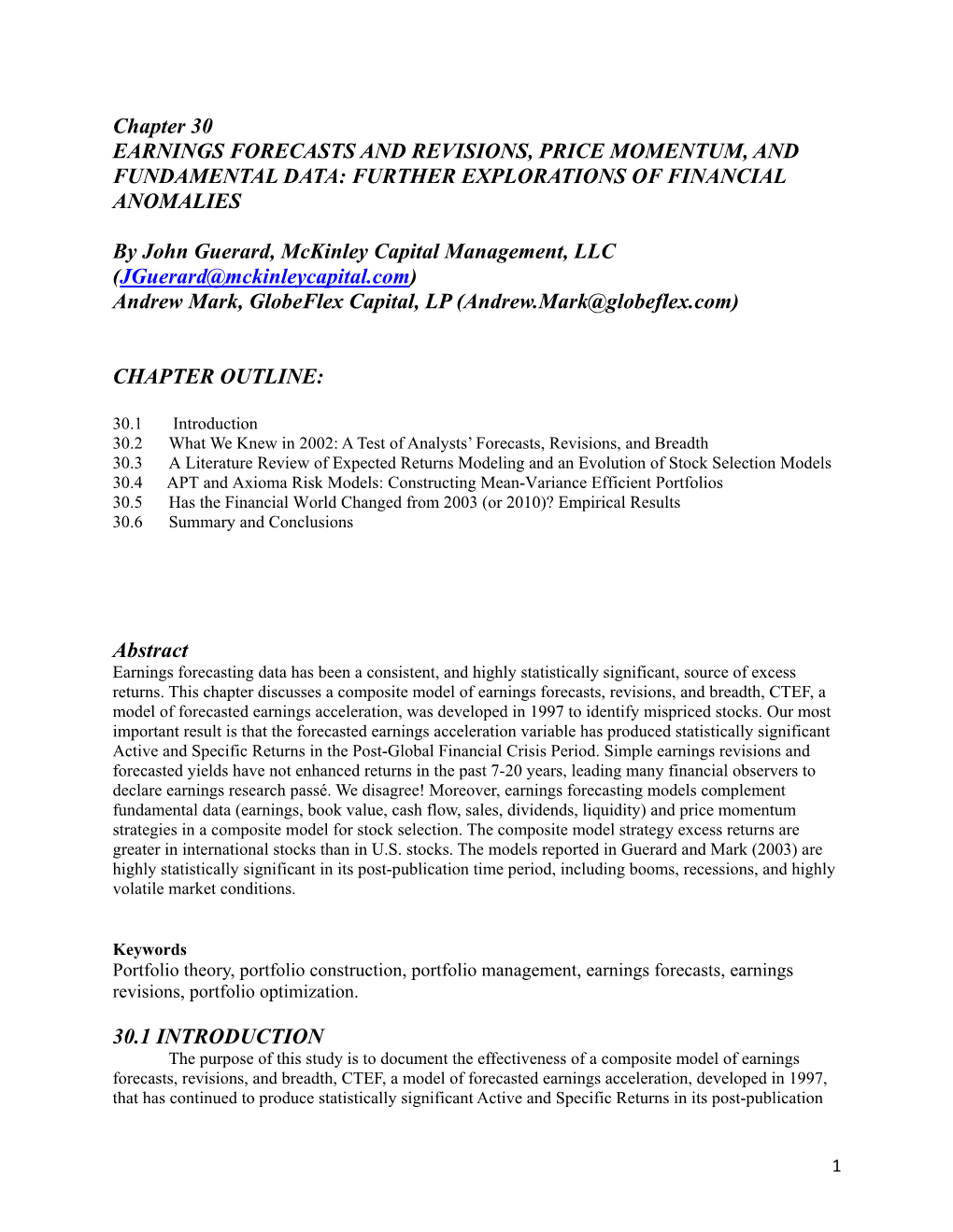 Chapter 30 EARNINGS FORECASTS and REVISIONS, PRICE MOMENTUM, and FUNDAMENTAL DATA: FURTHER EXPLORATIONS of FINANCIAL ANOMALIES