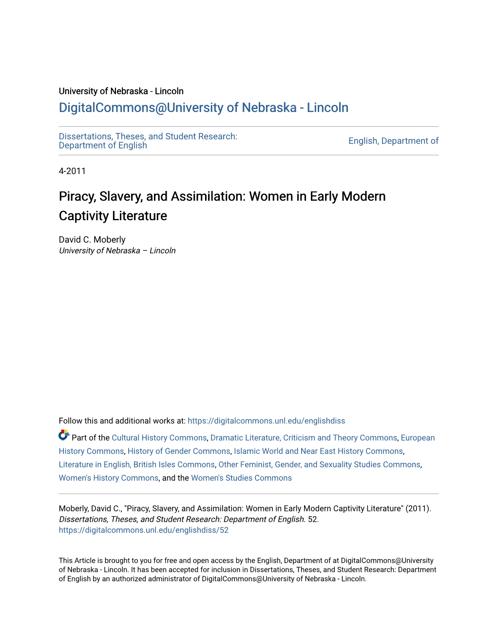 Piracy, Slavery, and Assimilation: Women in Early Modern Captivity Literature